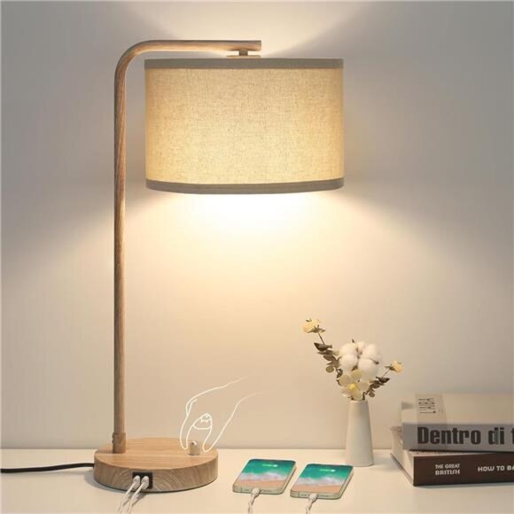 Farmhouse Table Lamp, Fully Dimmable Bedisde Lamp with Dual USB Charging Ports
